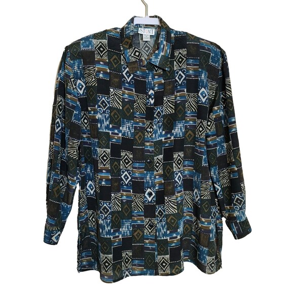 Stunt Tops - Stunt Womens Silk Button-Down Blouse Shirt Size M/L Black Purple Long Sleeve